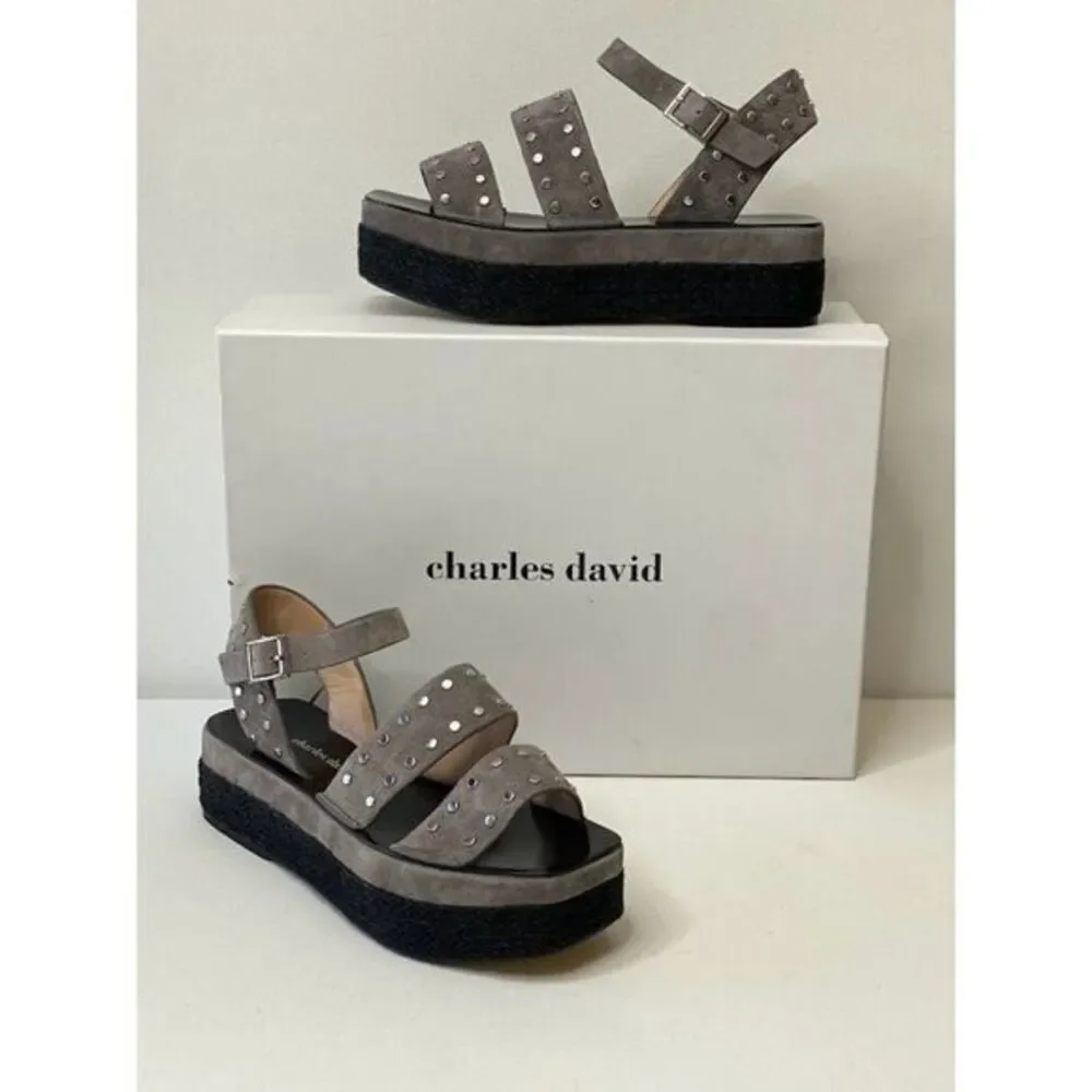 Charles David $219‎ Madeira Espadrille Platform Sandals 5.5 Black Gray Women's